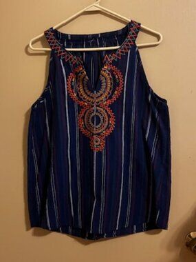SELF Blue Striped Top with Medallion Embroidery